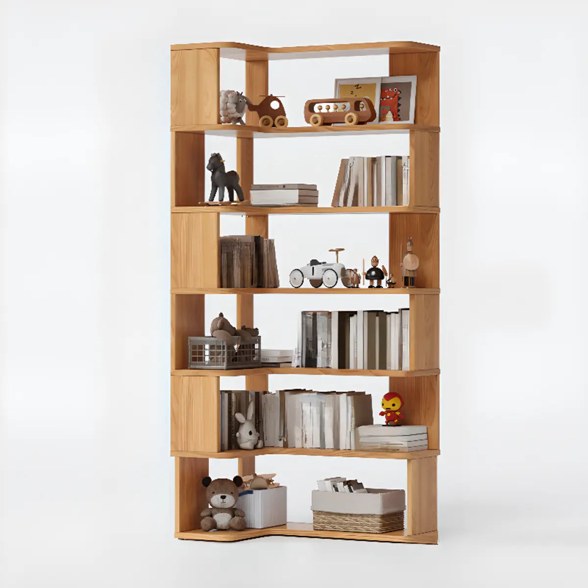 Classic Corner L-Shaped Open Wood Display Bookcase Image - 3