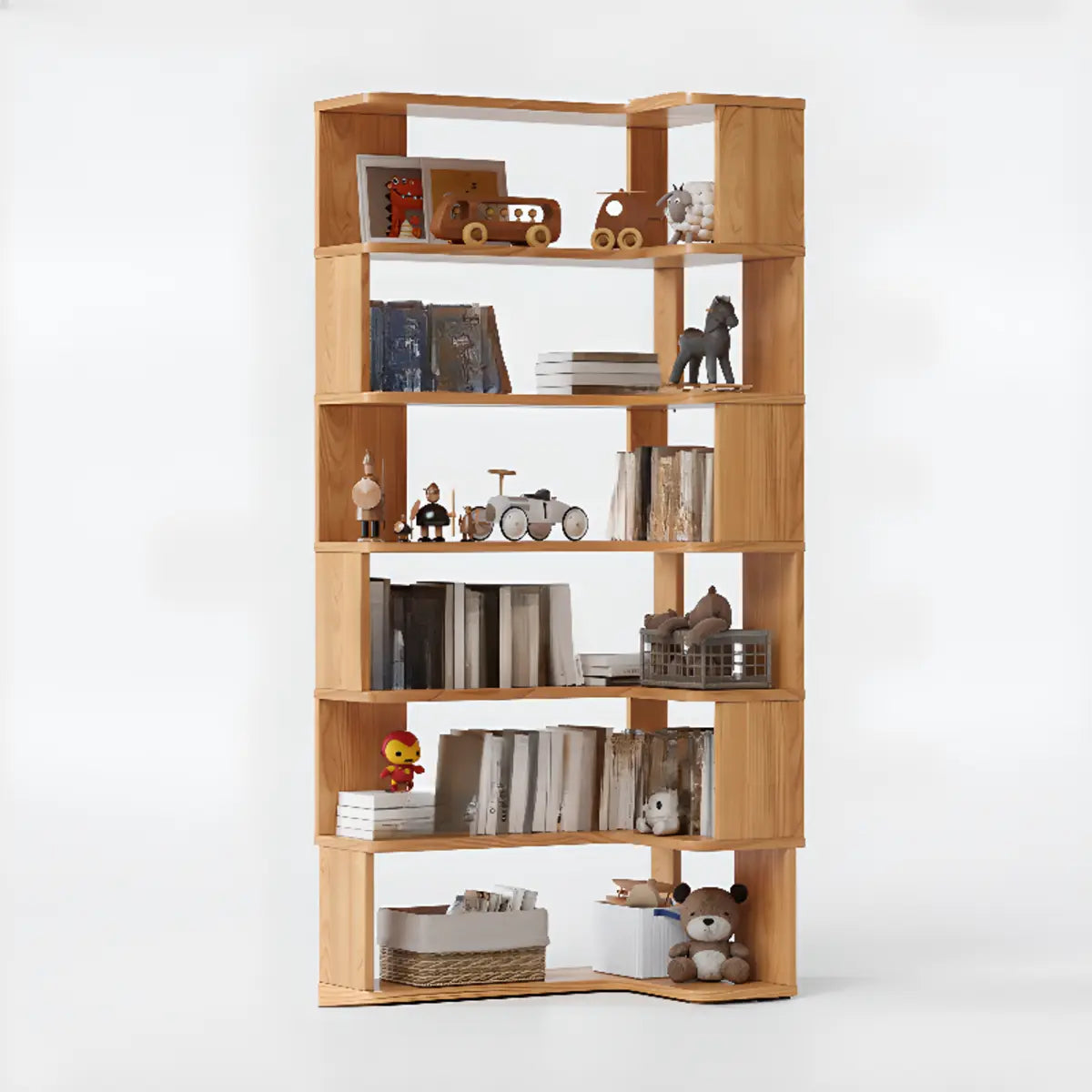 Classic Corner L-Shaped Open Wood Display Bookcase Image - 4