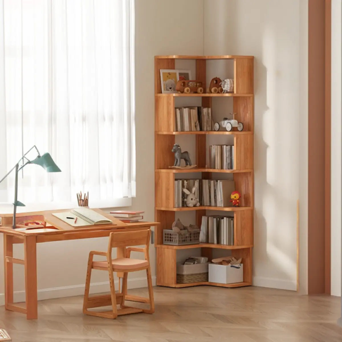 Classic Corner L-Shaped Open Wood Display Bookcase Image - 5