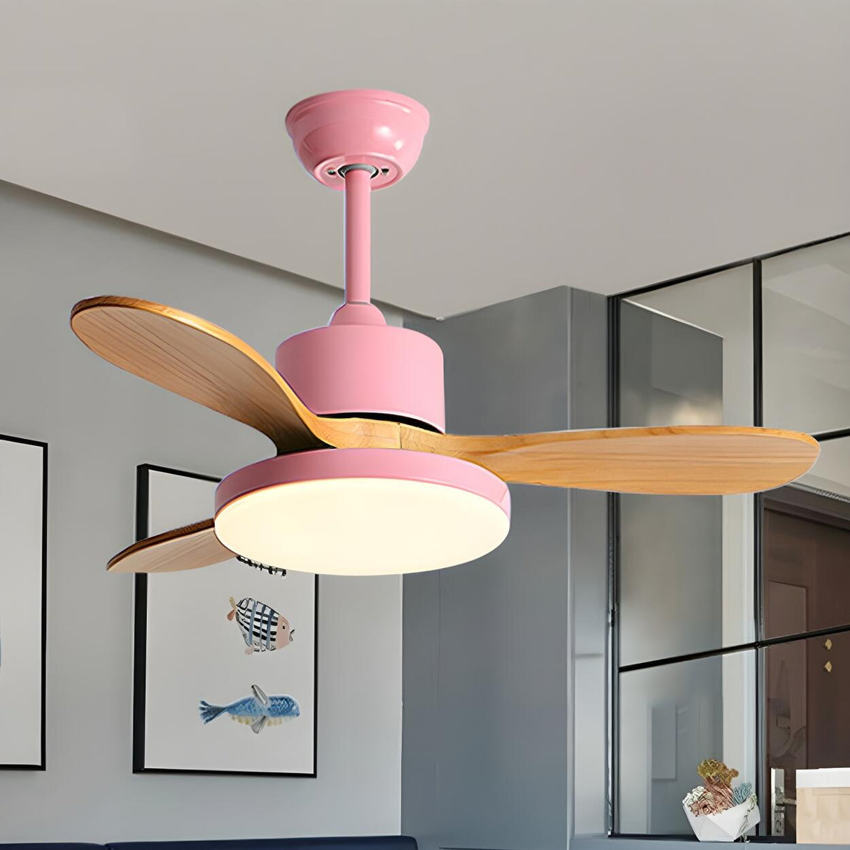 Classic Down Rod 3 Solid Wood Blades Ceiling Fan Light Image - 2