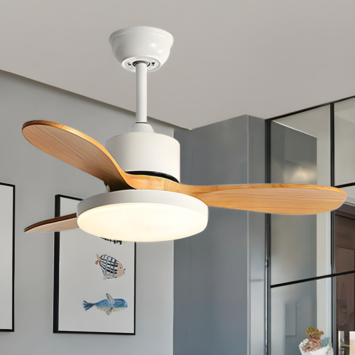 Classic Down Rod 3 Solid Wood Blades Ceiling Fan Light Image - 3