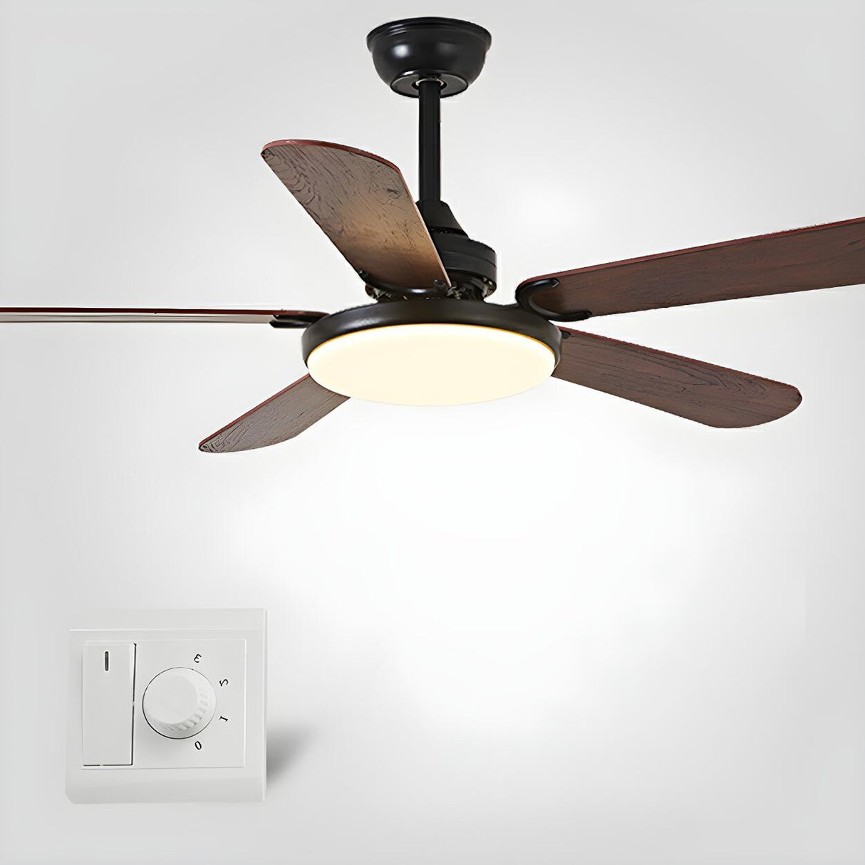 Classic Down Rod 5 Blade Wood Ceiling Fan with Light Image - 11