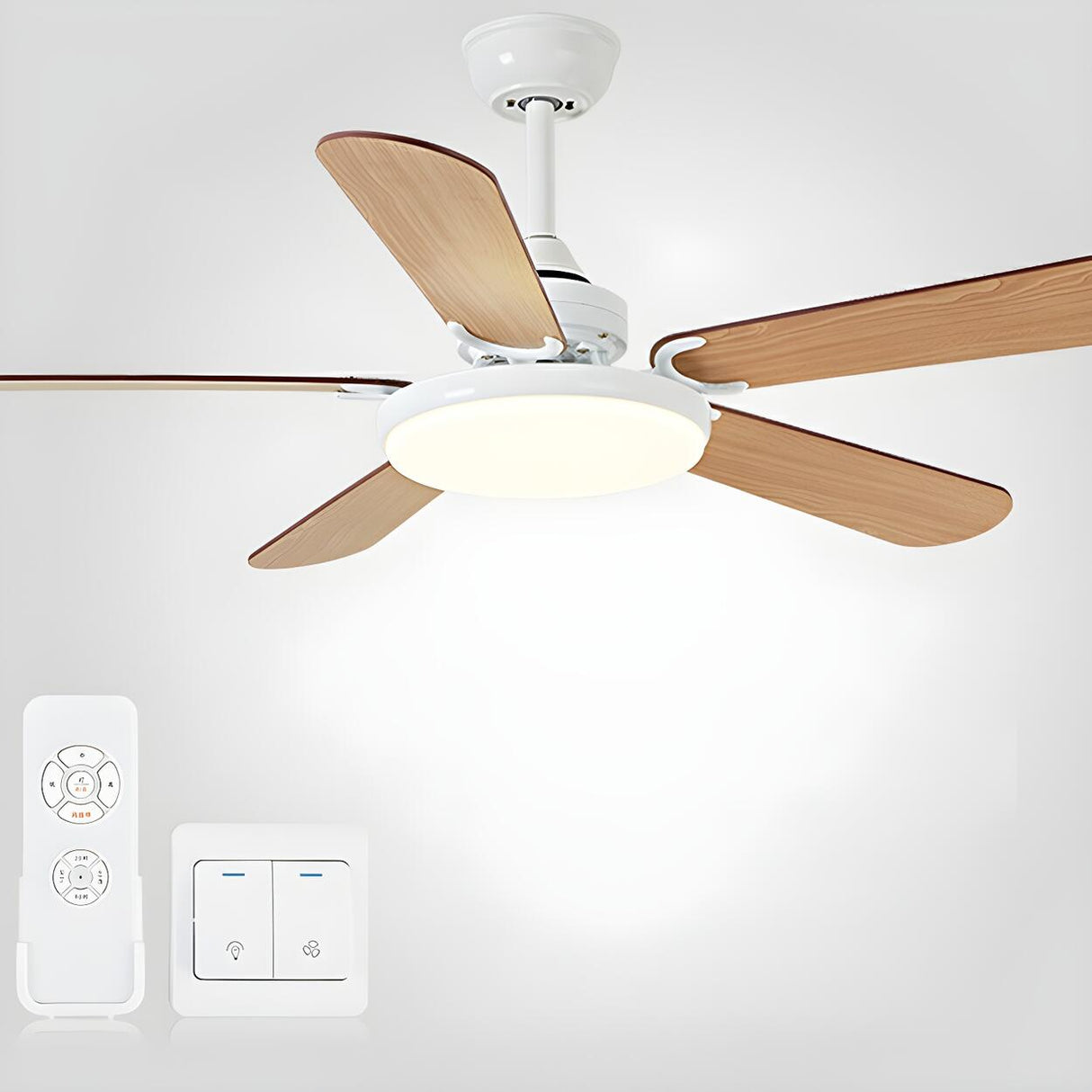 Classic Down Rod 5 Blade Wood Ceiling Fan with Light Image - 3