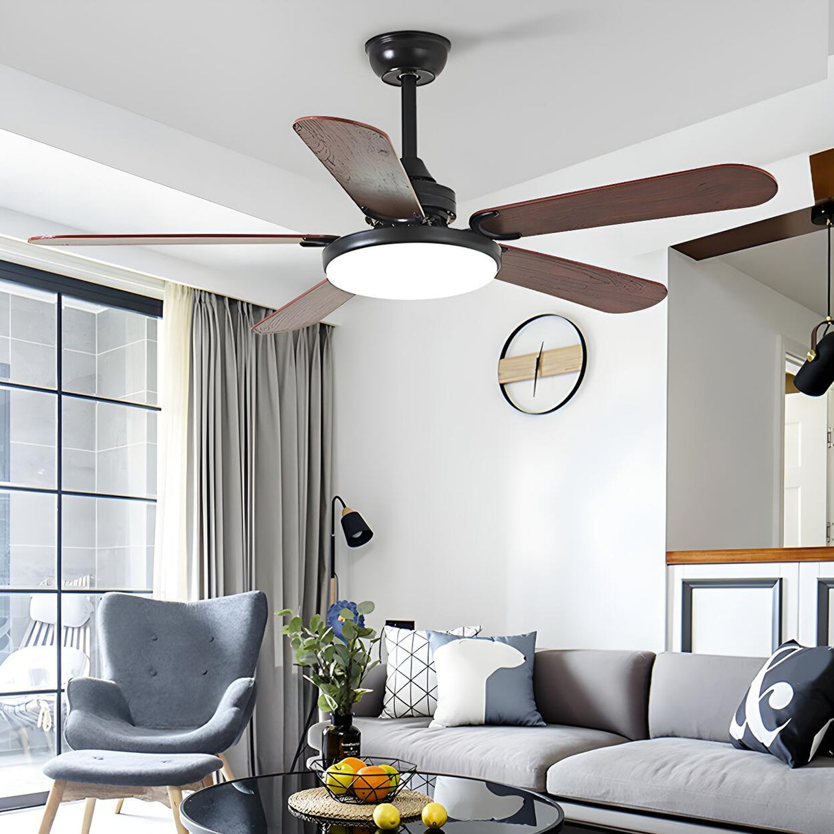 Classic Down Rod 5 Blade Wood Ceiling Fan with Light Image - 6