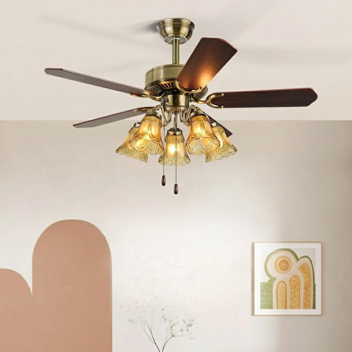 Classic Elegant 5 Blade Floral Ceiling Fan with Light Image - 3