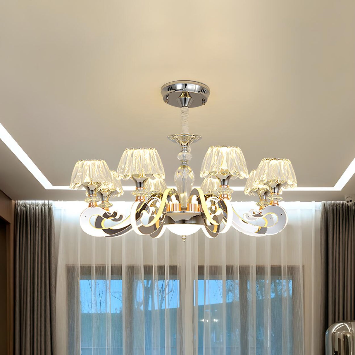 Classic Elegant Clear Crystal Round Curved Arms Chandelier Image - 1