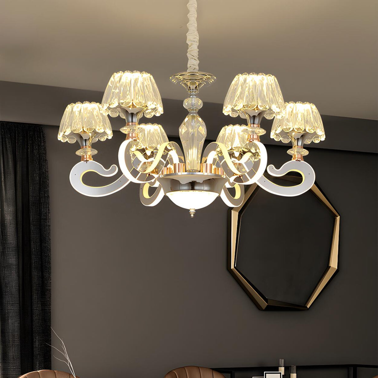 Classic Elegant Clear Crystal Round Curved Arms Chandelier Image - 4