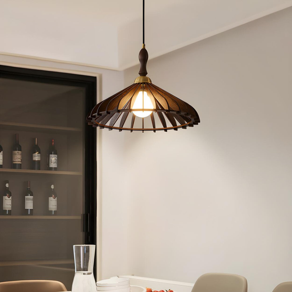 Classic Elegant Cone Wooden Dining Room Pendant Light Image - 1