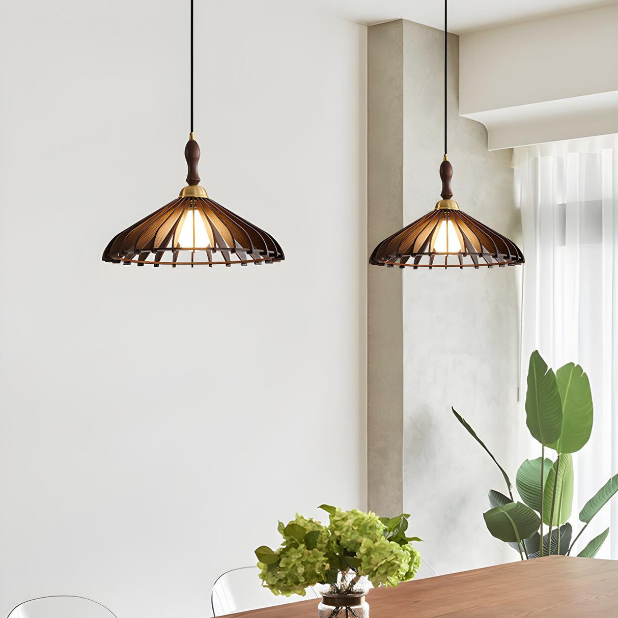 Classic Elegant Cone Wooden Dining Room Pendant Light Image - 2