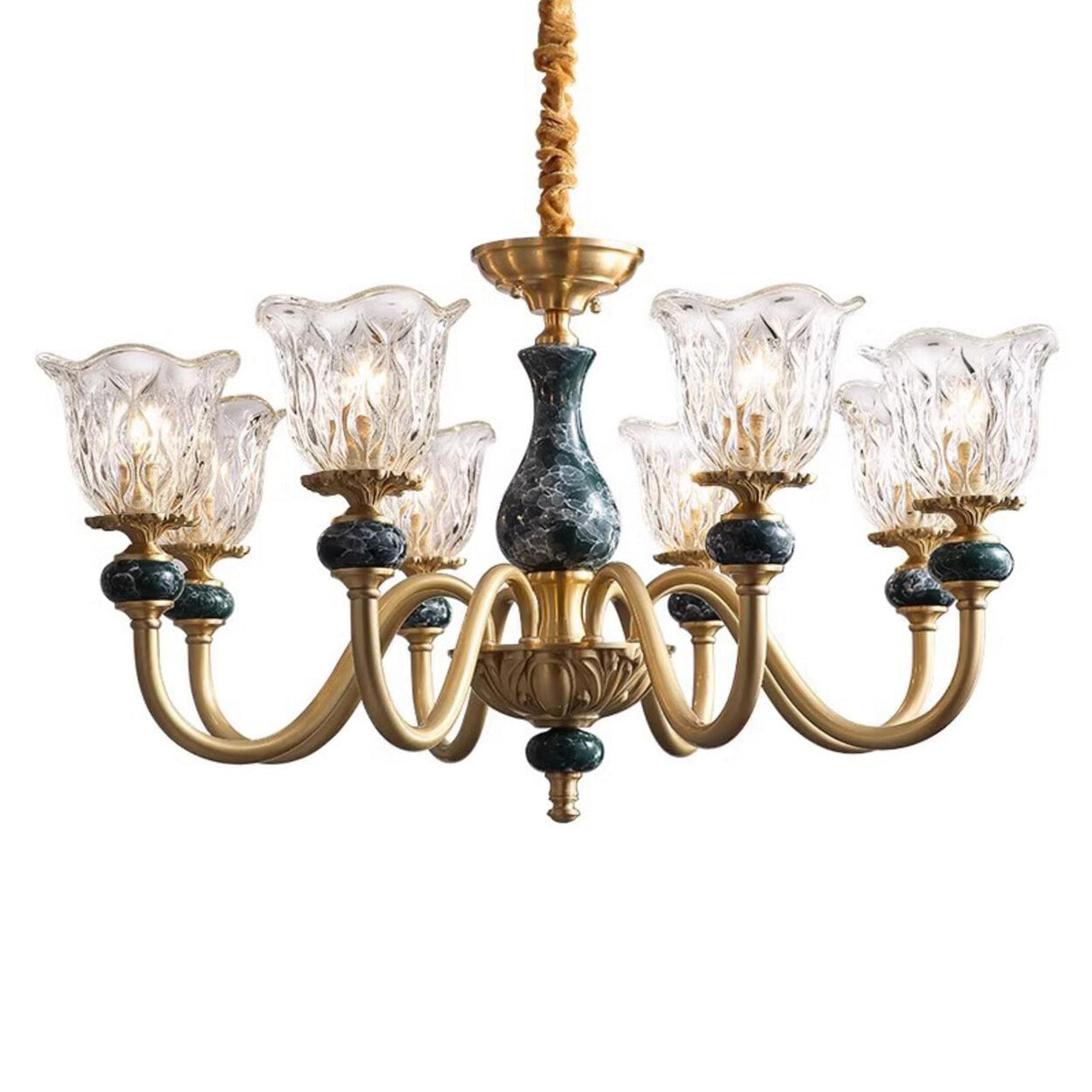 Classic Elegant Gold and Green Floral Glass Chandelier Image - 10