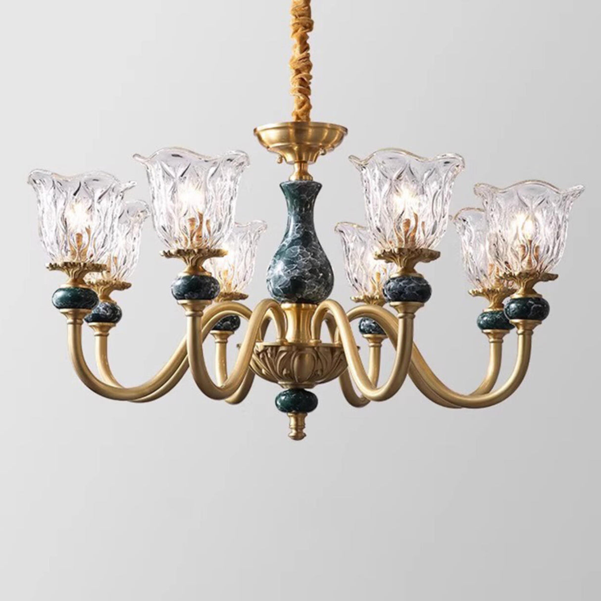 Classic Elegant Gold and Green Floral Glass Chandelier Image - 12