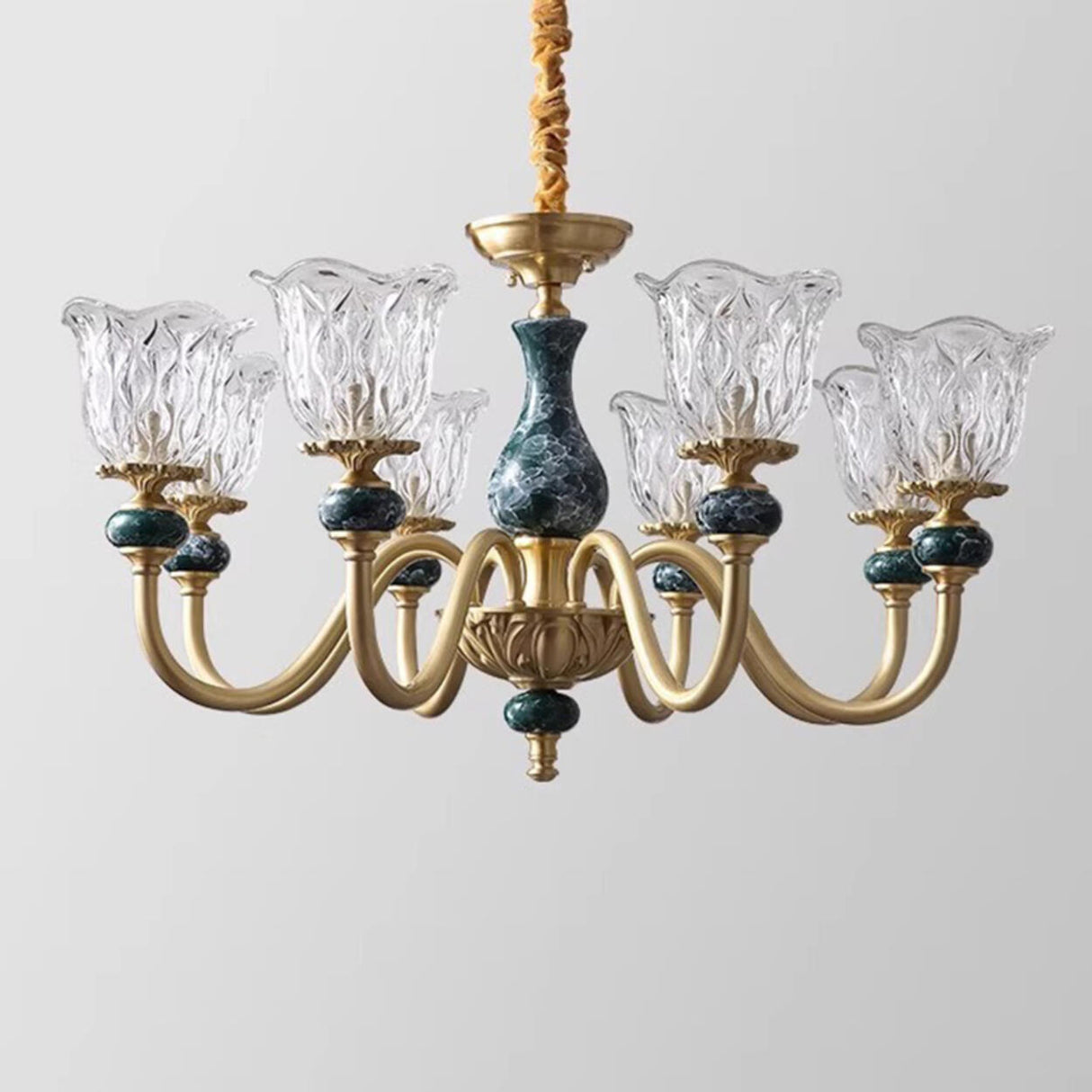 Classic Elegant Gold and Green Floral Glass Chandelier Image - 13