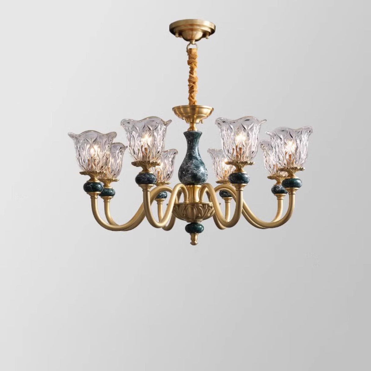 Classic Elegant Gold and Green Floral Glass Chandelier Image - 5