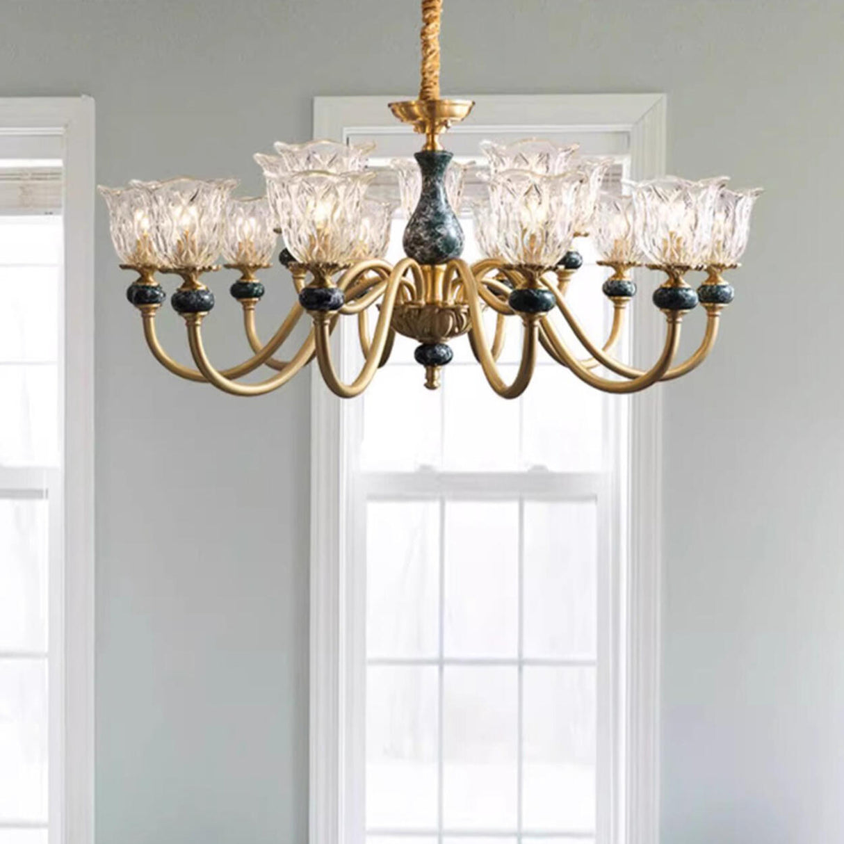 Classic Elegant Gold and Green Floral Glass Chandelier Image - 6