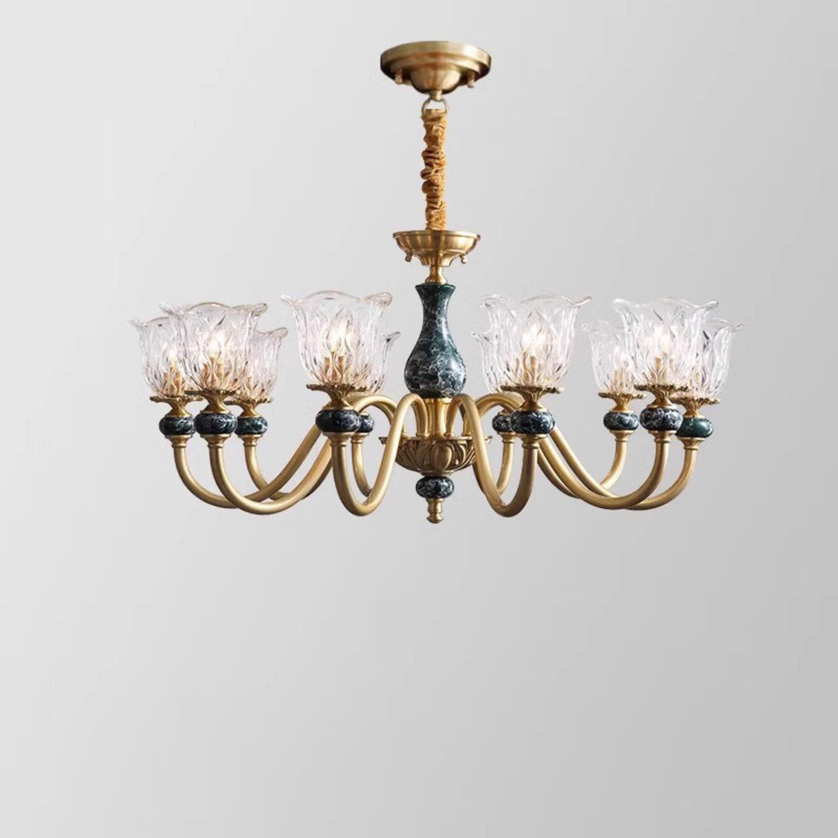 Classic Elegant Gold and Green Floral Glass Chandelier Image - 7