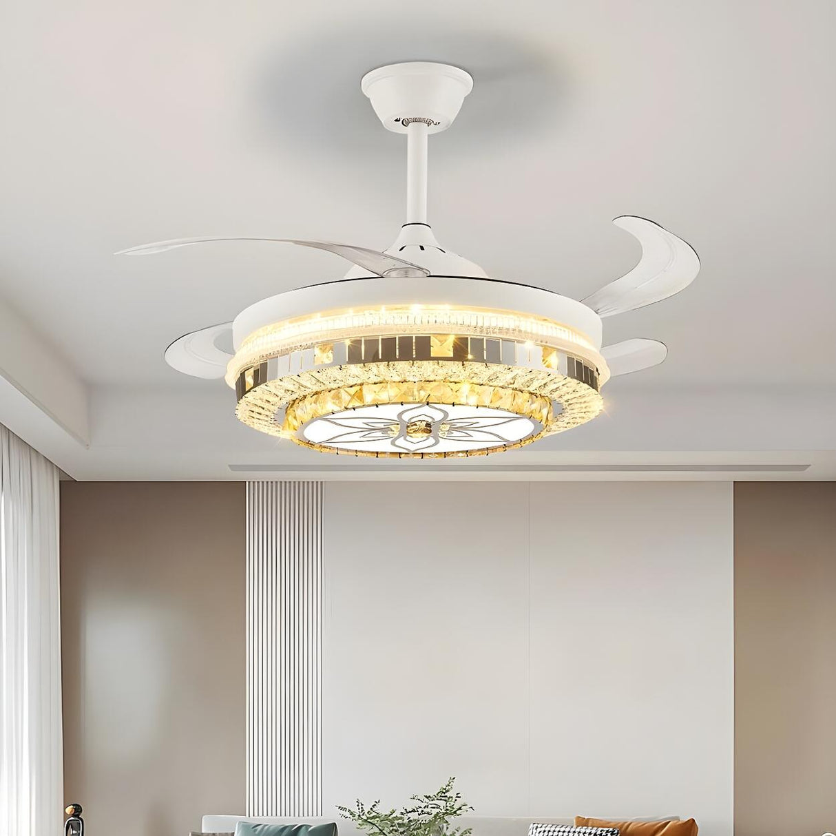 Classic Elegant Round Crystal Ceiling Fan with Light Image - 1