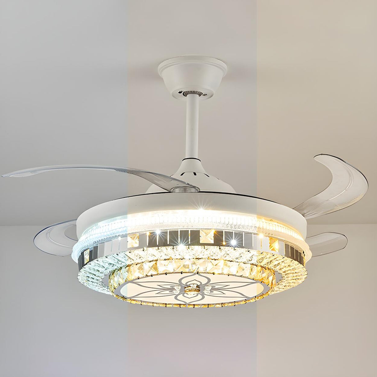 Classic Elegant Round Crystal Ceiling Fan with Light Image - 19