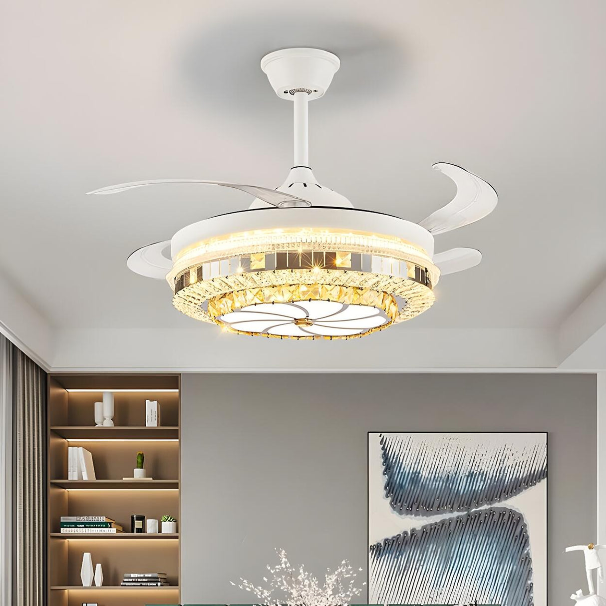 Classic Elegant Round Crystal Ceiling Fan with Light Image - 7