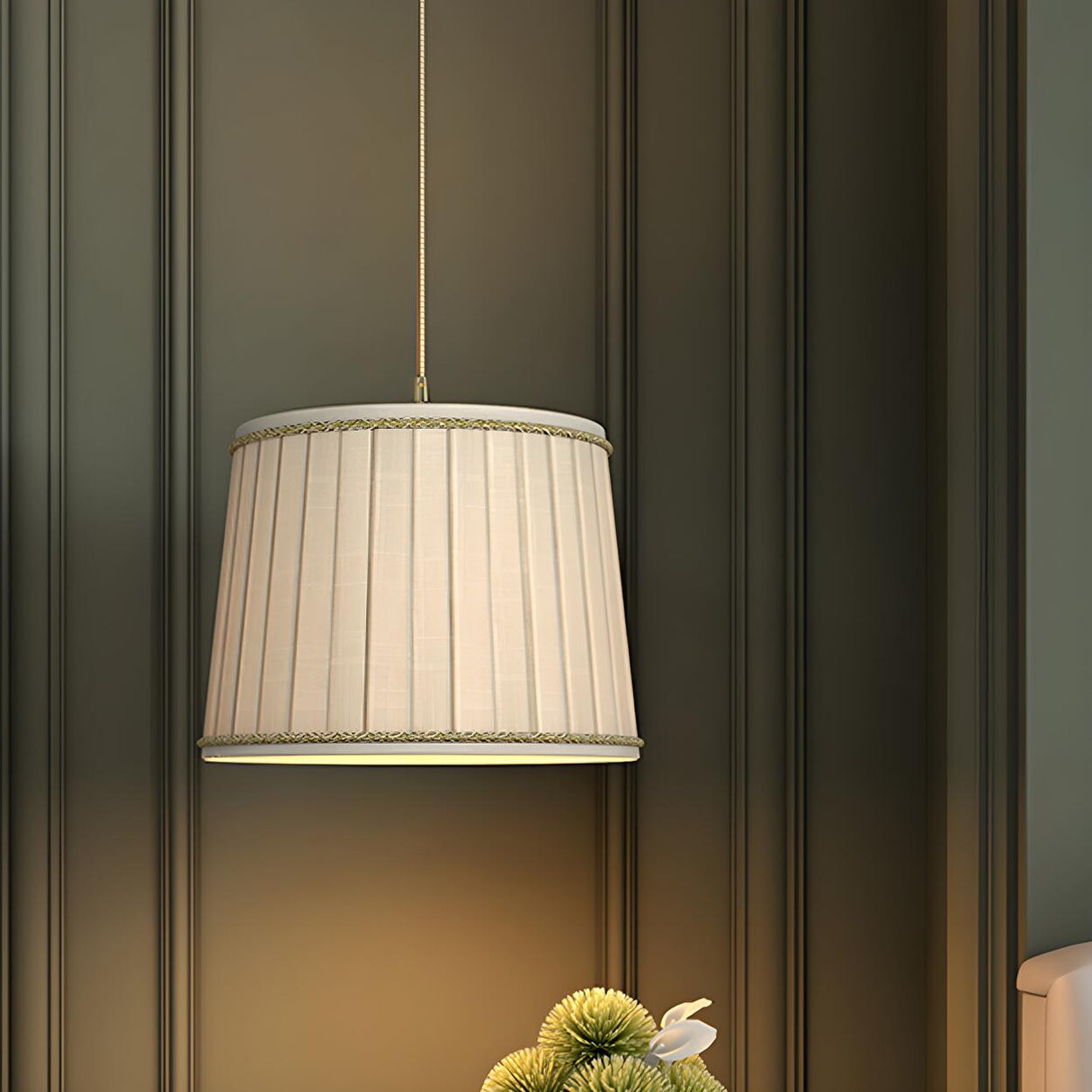 Classic Fabric Drum Beige Pleated Bedroom Pendant Light Image - 1