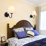 Classic Fabric Shade Black Metal Bedroom Wall Light Image - 1