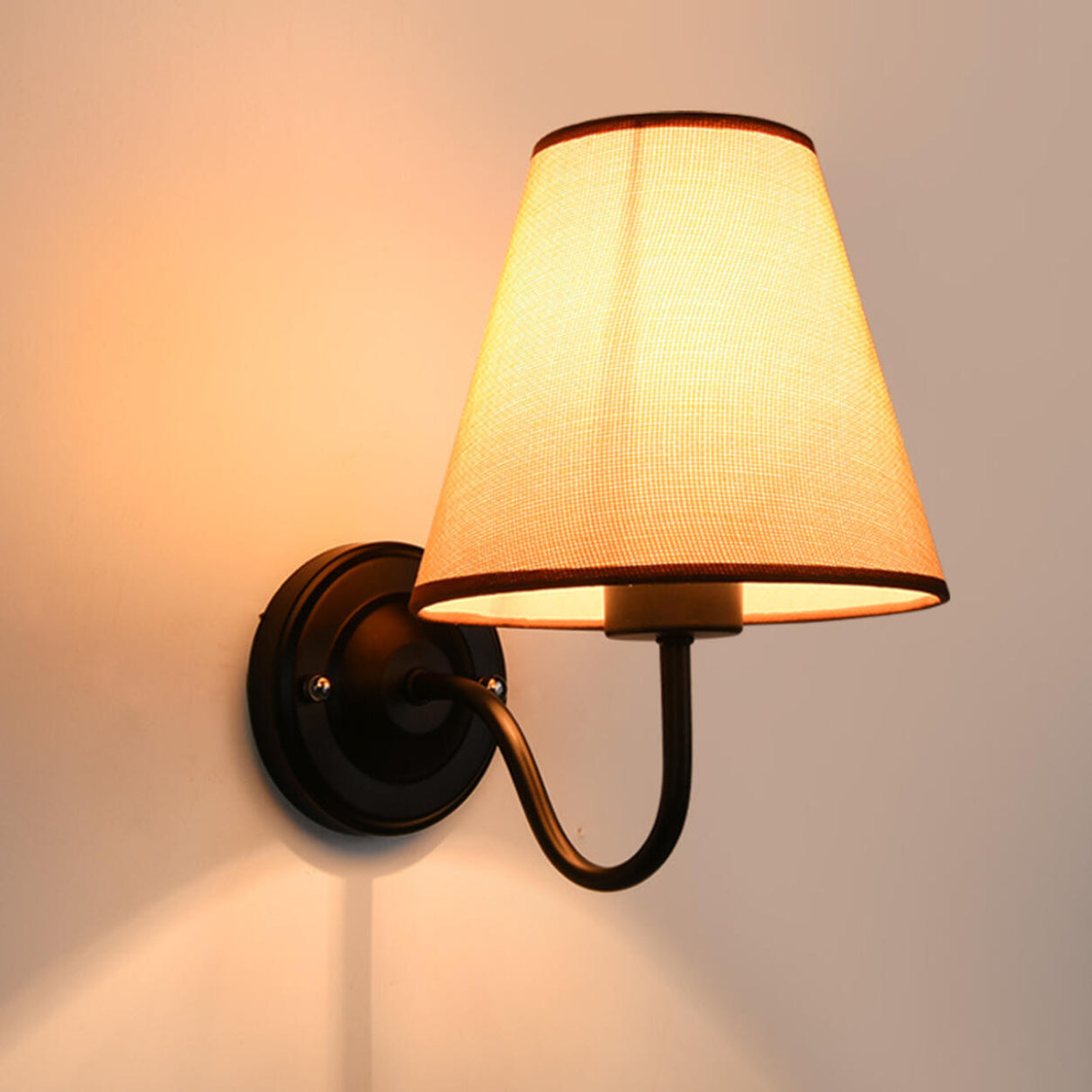 Classic Fabric Shade Black Metal Bedroom Wall Light Image - 15