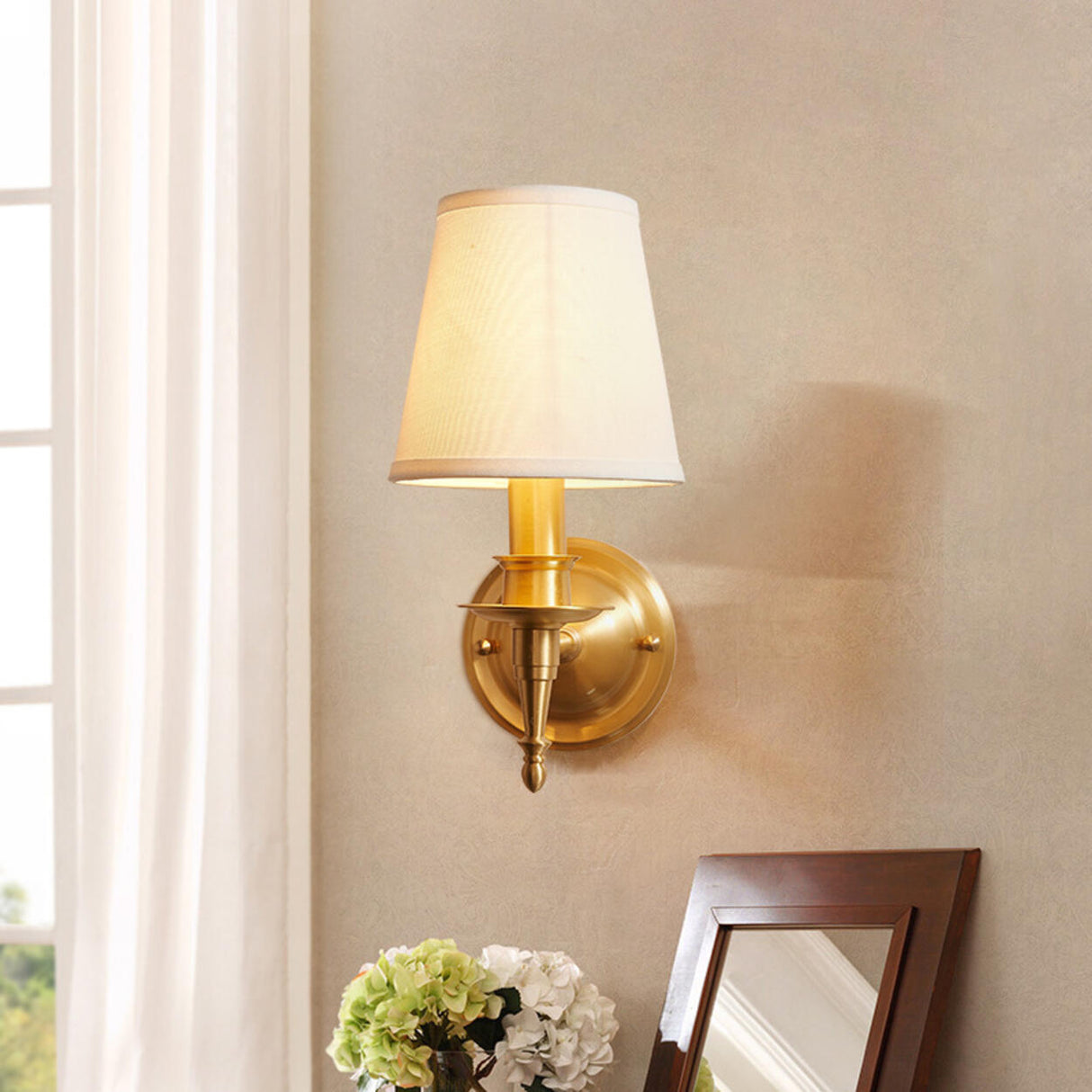 Classic Fabric Shade Gold Cylinder Wall Sconce Image - 1