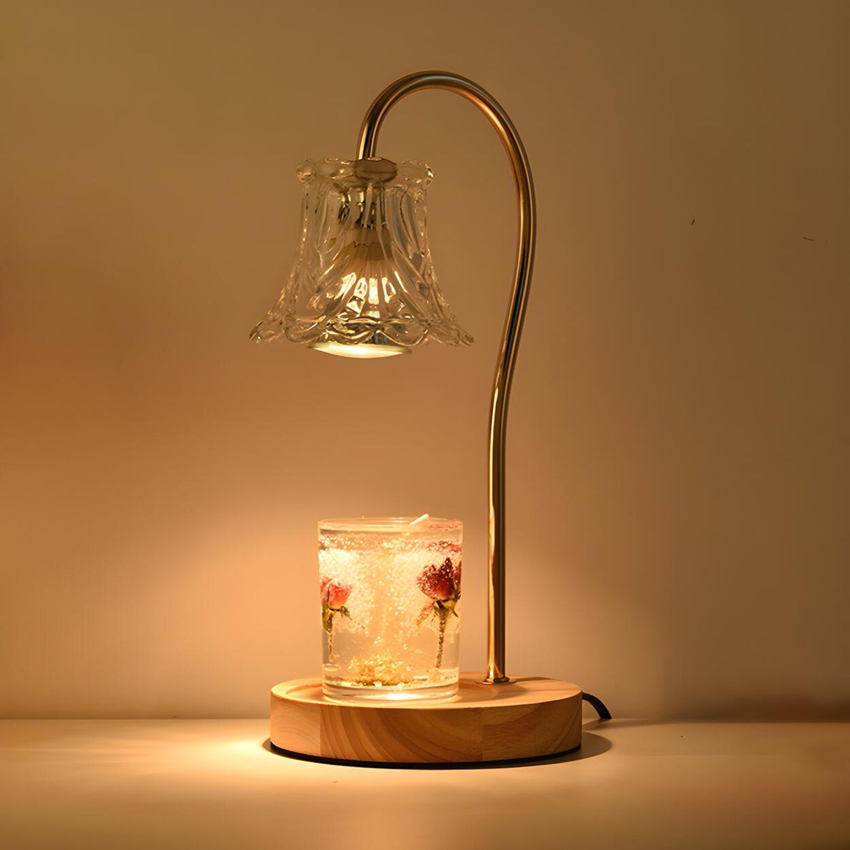 Classic Flower Glass Shade Wood Base Candle Table Lamp Image - 10