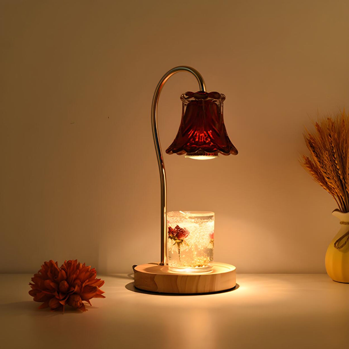 Classic Flower Glass Shade Wood Base Candle Table Lamp Image - 17