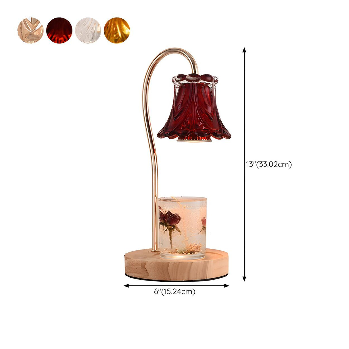 Classic Flower Glass Shade Wood Base Candle Table Lamp 