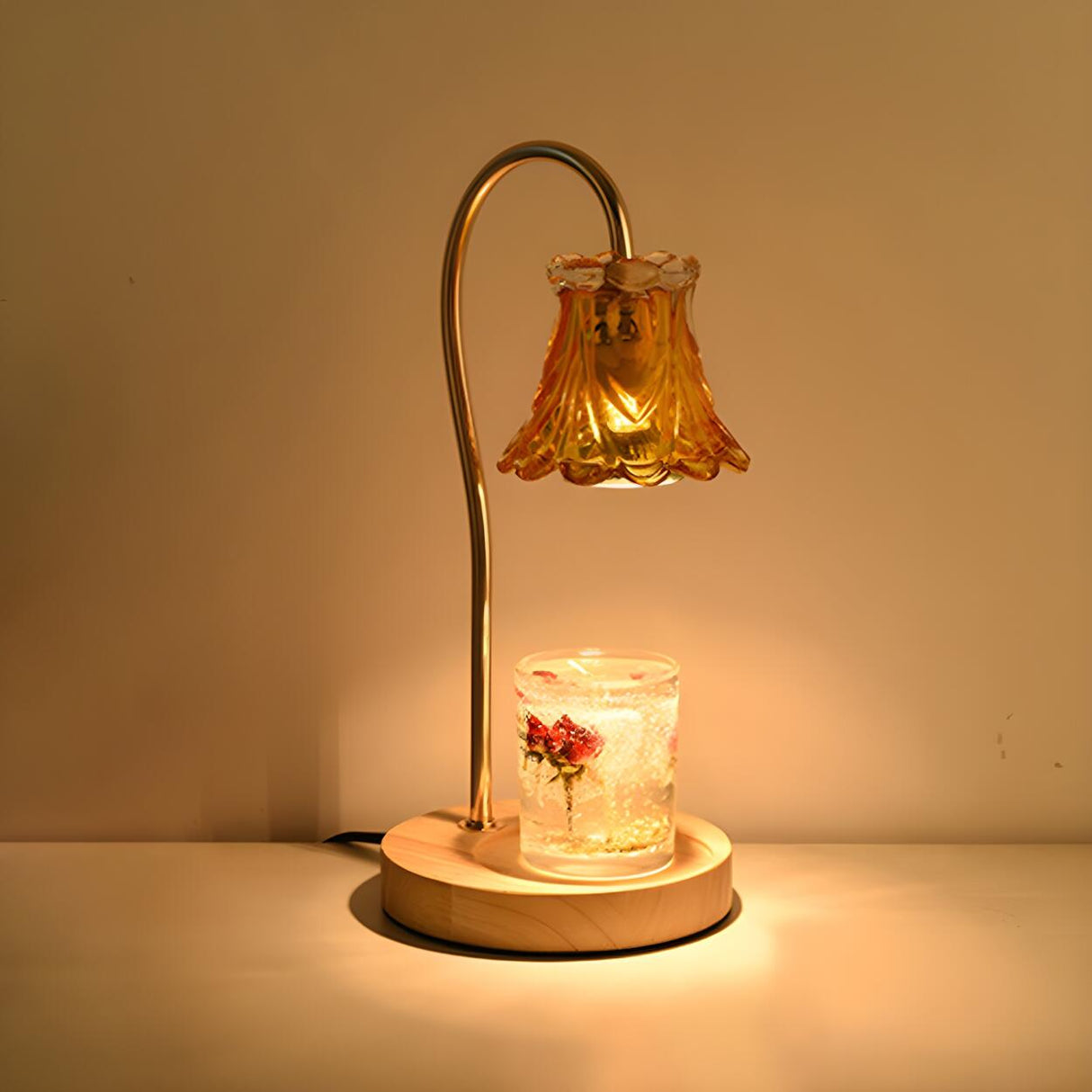 Classic Flower Glass Shade Wood Base Candle Table Lamp Image - 4