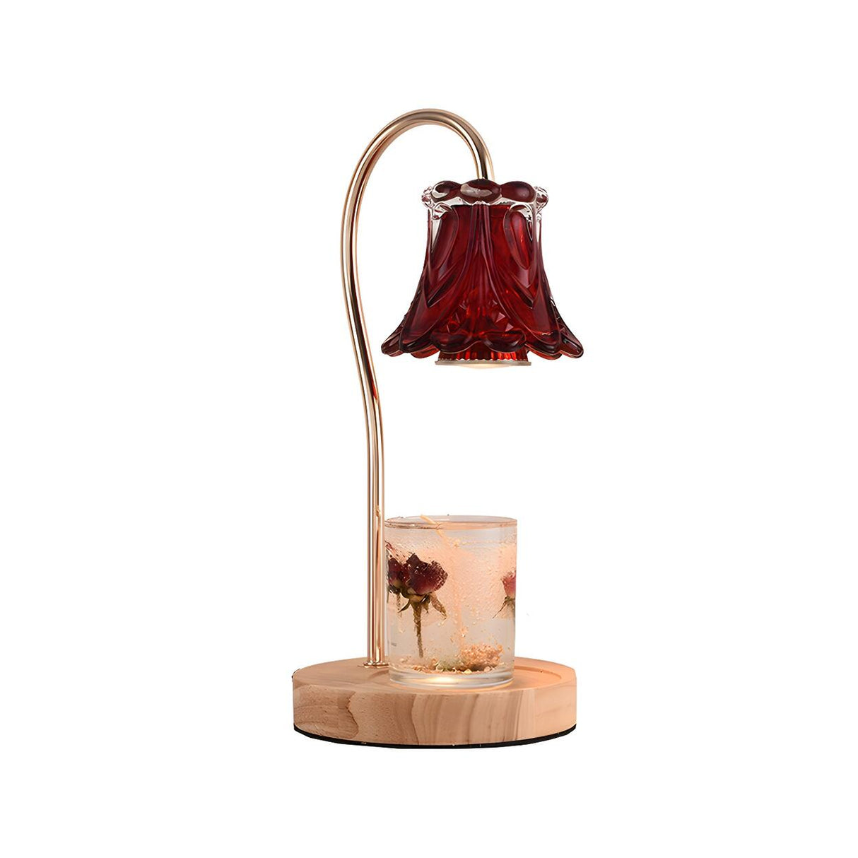 Classic Flower Glass Shade Wood Base Candle Table Lamp Image - 9