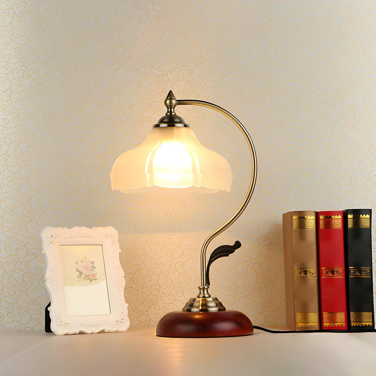 Classic Flower-Shape Glass Shade Curved Arm Table Lamp Image - 10