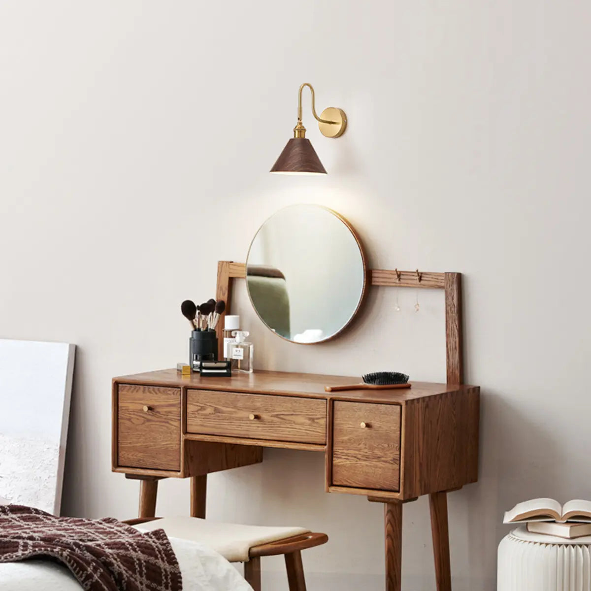 Classic Gold and Dark Wood Bedroom Vanity Wall Light  Image - 1