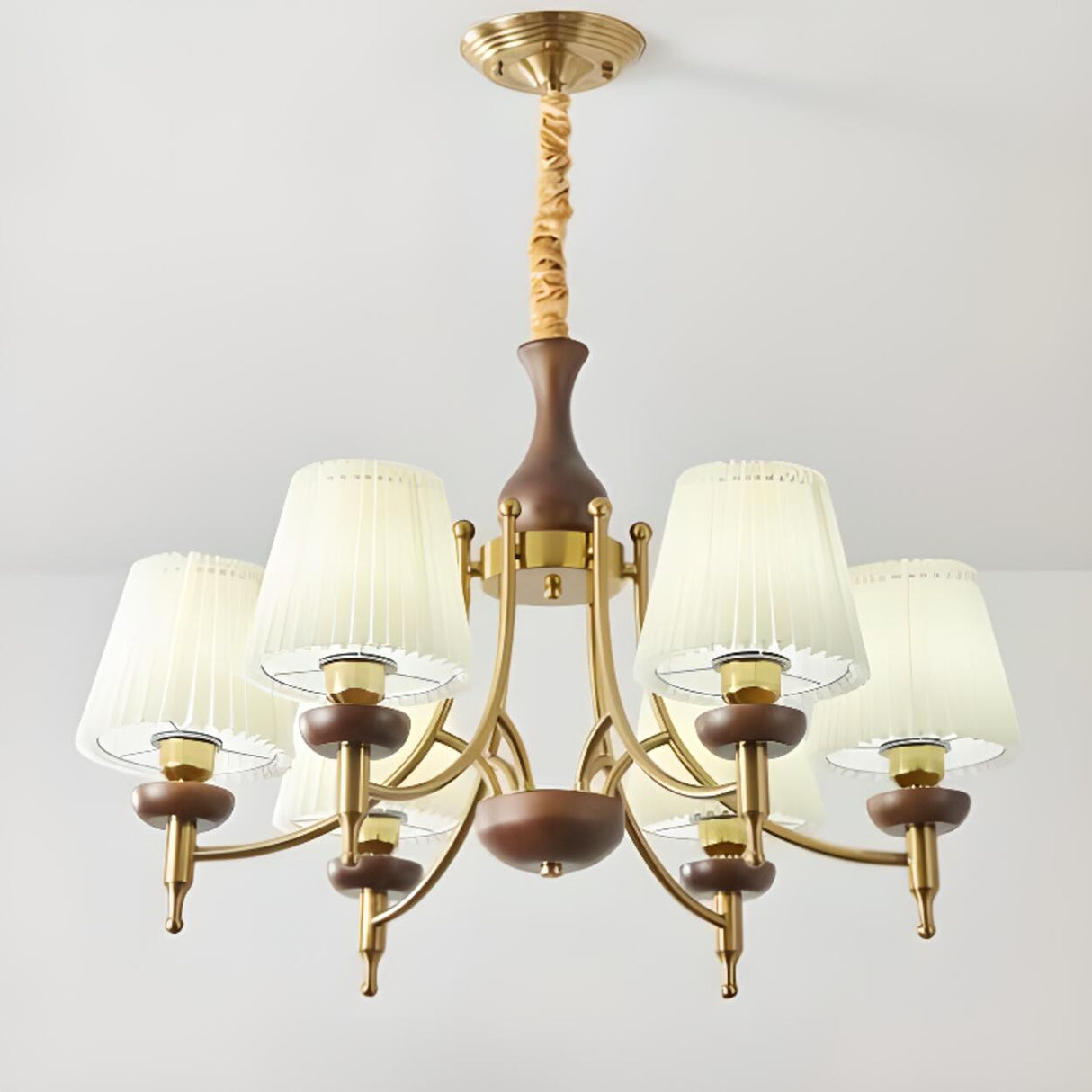 Classic Gold and Walnut Fabric Round Chandelier Image - 10