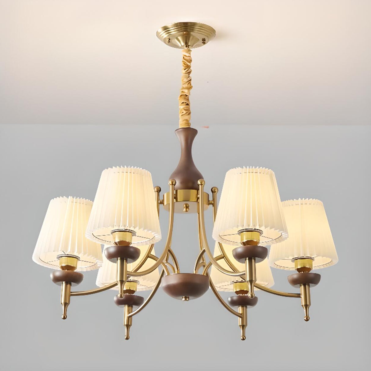 Classic Gold and Walnut Fabric Round Chandelier Image - 3