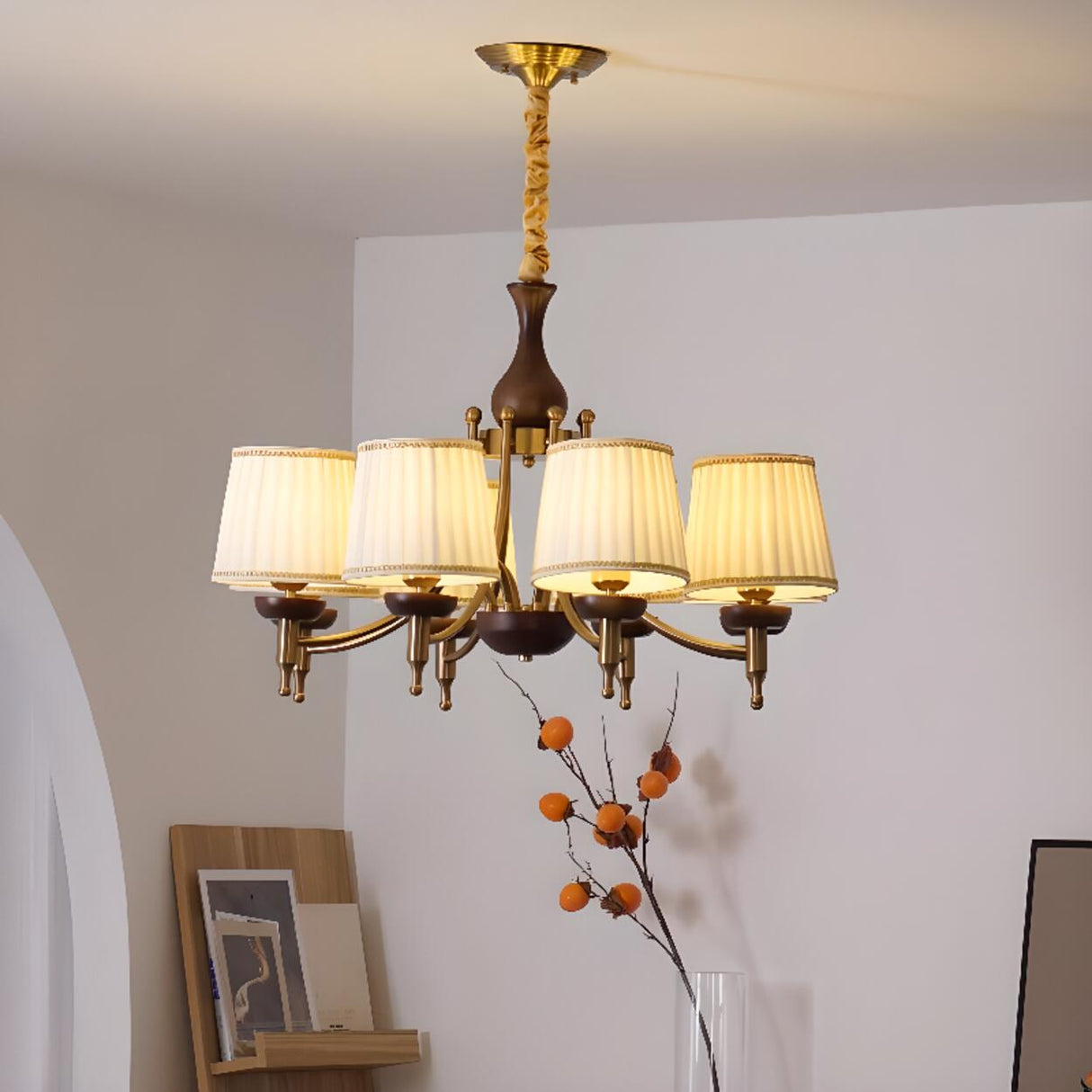 Classic Gold and Walnut Fabric Round Chandelier Image - 4