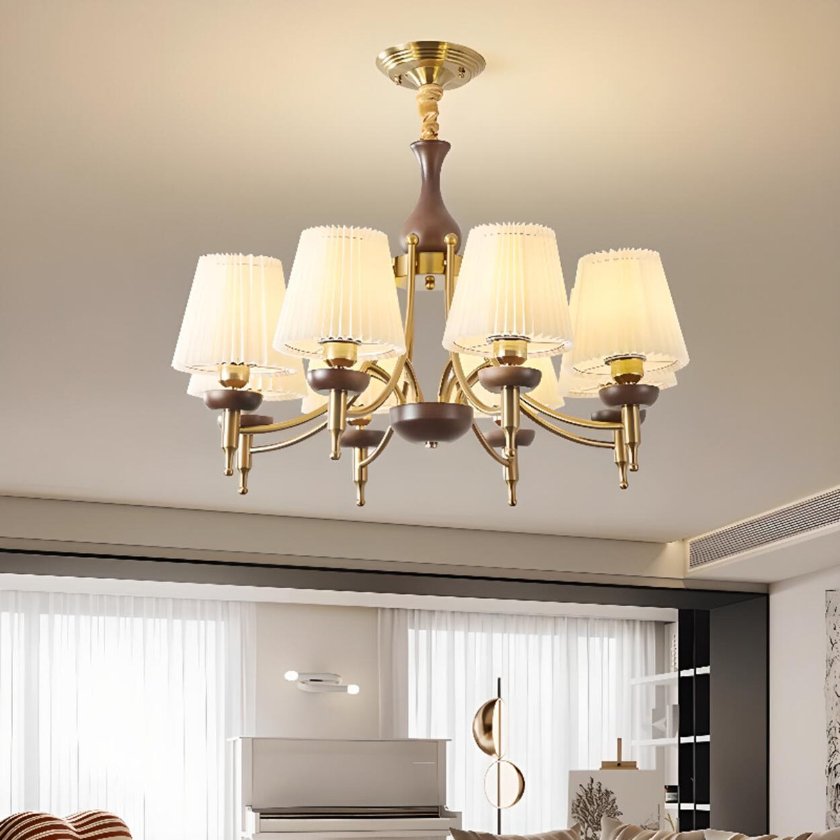 Classic Gold and Walnut Fabric Round Chandelier Image - 6