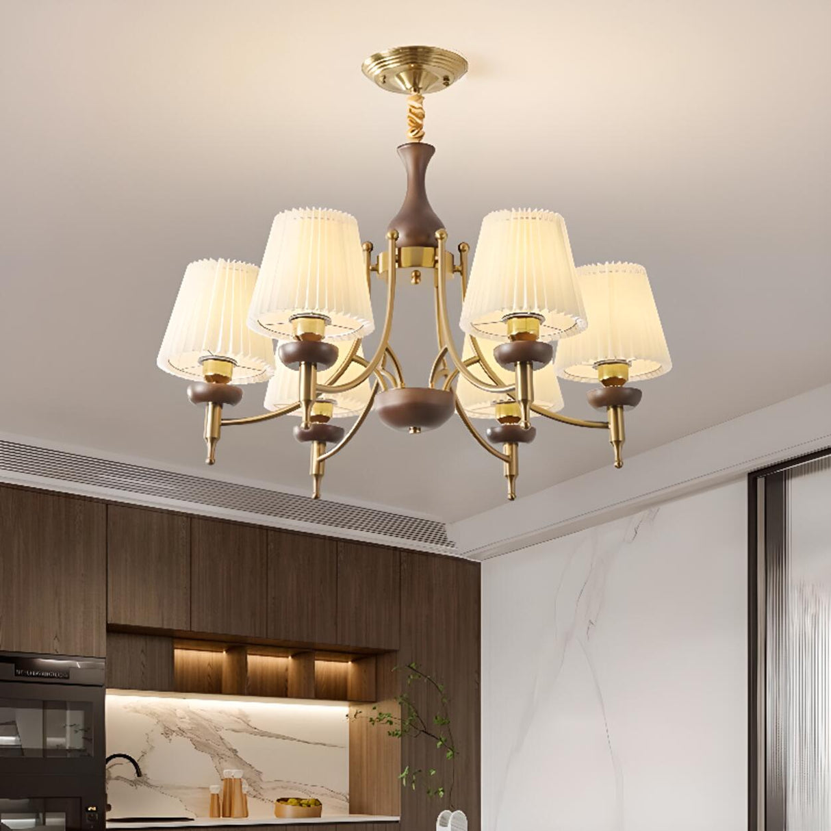 Classic Gold and Walnut Fabric Round Chandelier Image - 7