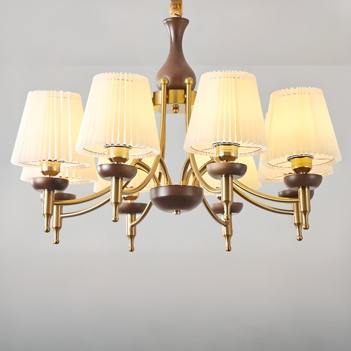 Classic Gold and Walnut Fabric Round Chandelier Image - 8