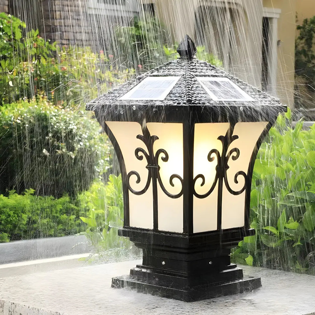 Classic Gold Solar-Powered Outdoor Garden Lantern Lamp Image - 9