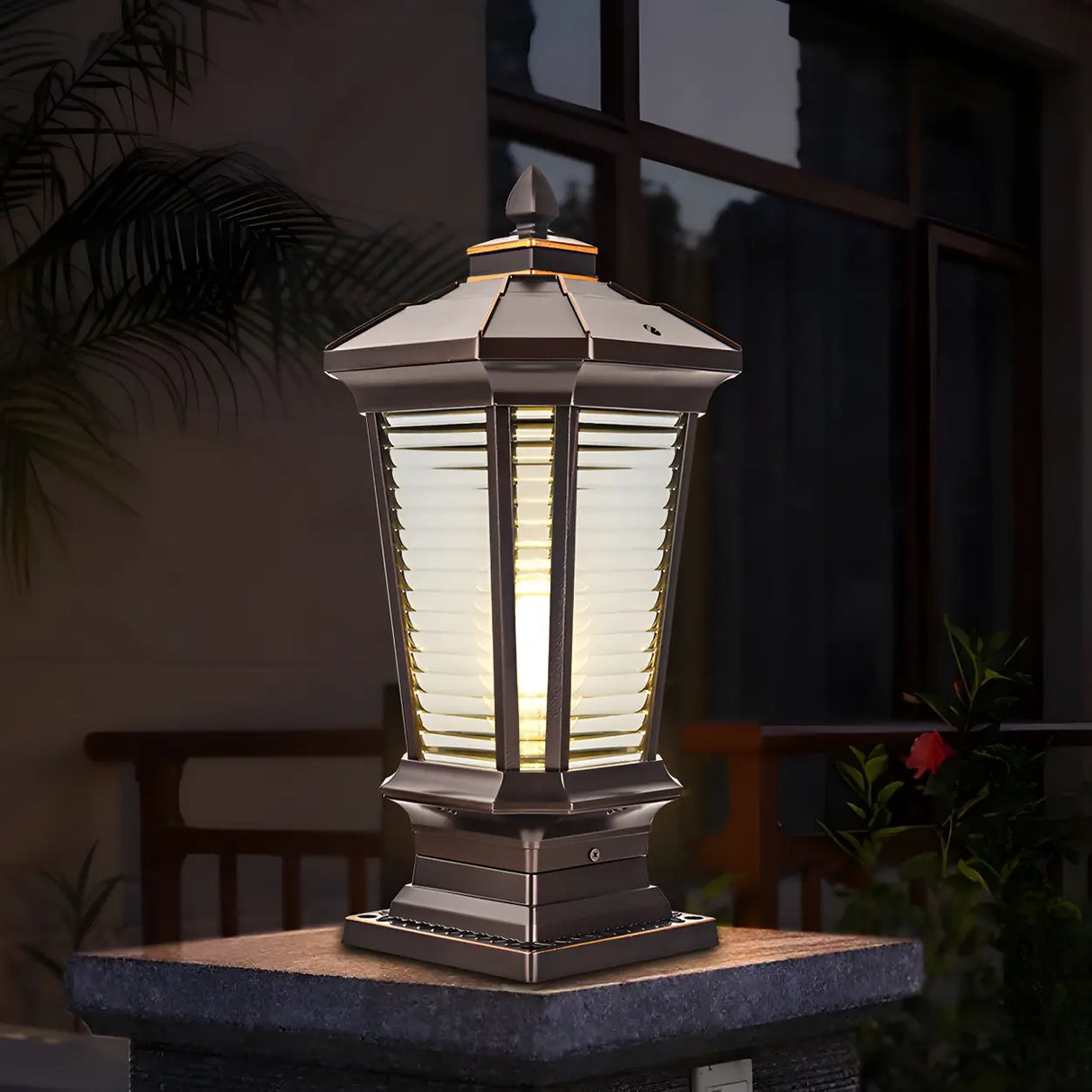 Classic Hexagonal Lantern Metal Post Outdoor Table Lamp Image - 1