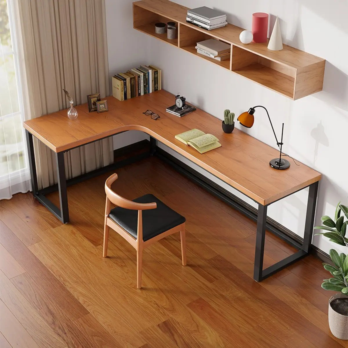 Classic L-Shaped Brown Pine Wood Top Computer Desk Image - 1