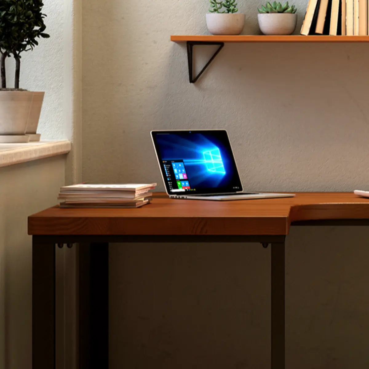 Classic L-Shaped Brown Pine Wood Top Computer Desk Image - 9