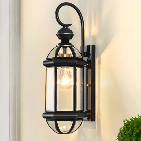 Classic Metal Lantern Clear Glass Wall Light Black Image - 1