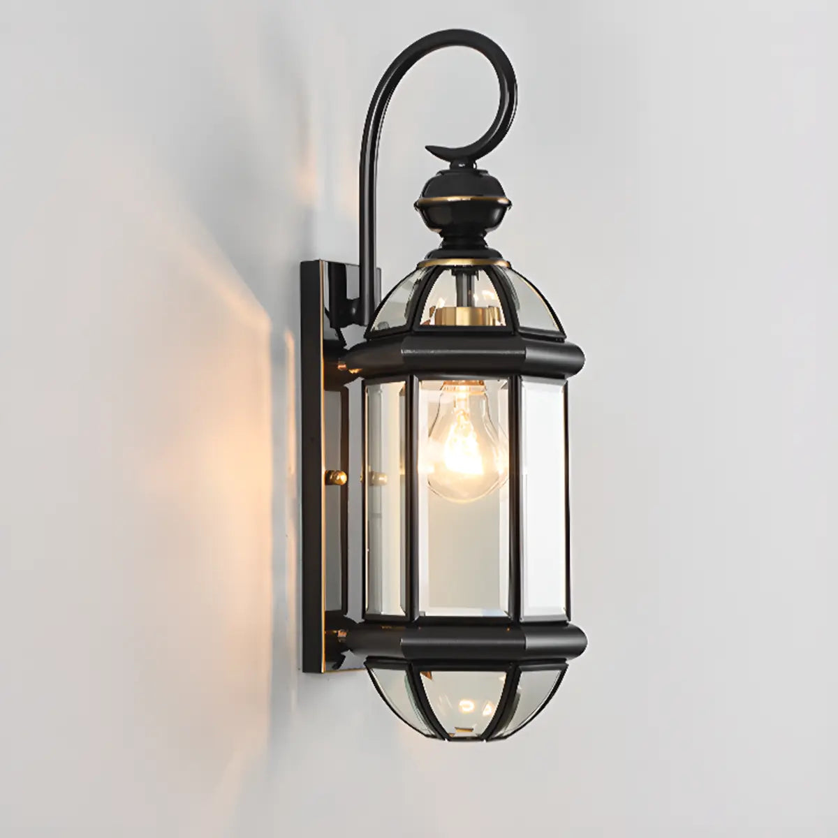 Classic Metal Lantern Clear Glass Wall Light Black Image - 10