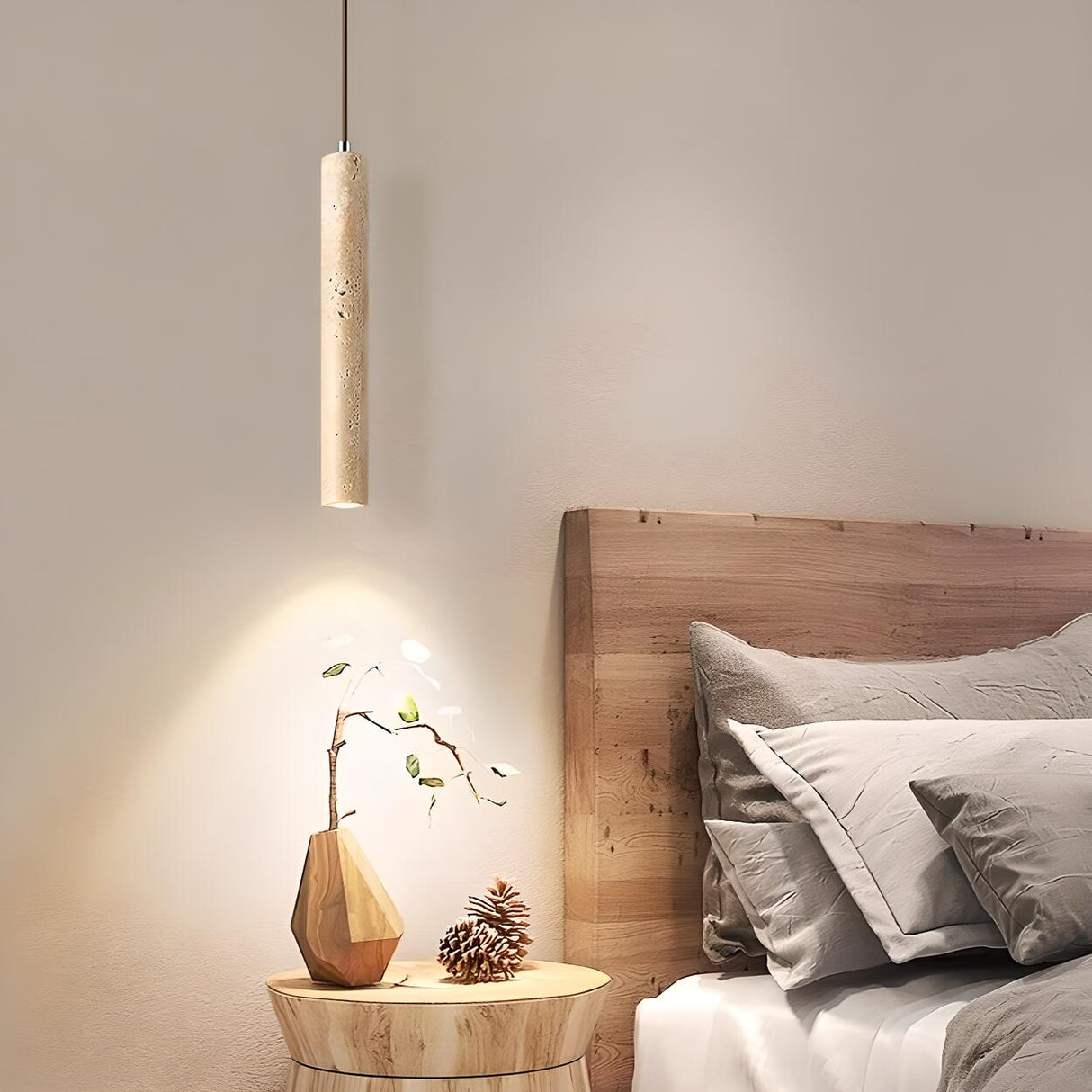 Classic Natural Stone Cylinder Pendant Light Bedroom Image - 1