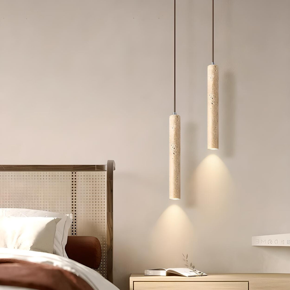 Classic Natural Stone Cylinder Pendant Light Bedroom Image - 5