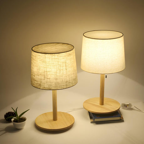 Classic Nordic Fabric Drum Shade Wooden Base Table Lamp Image - 1