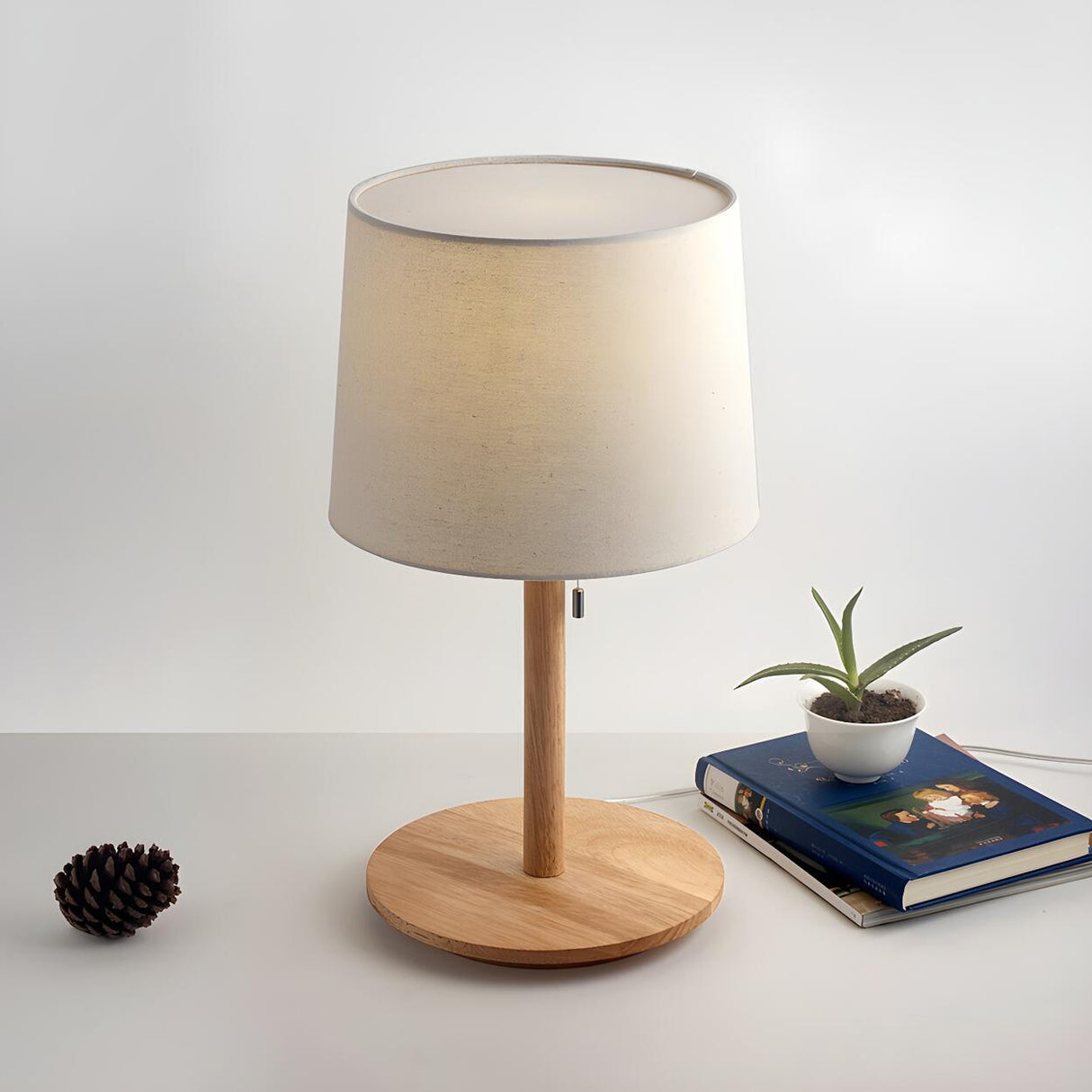 Classic Nordic Fabric Drum Shade Wooden Base Table Lamp Image - 2