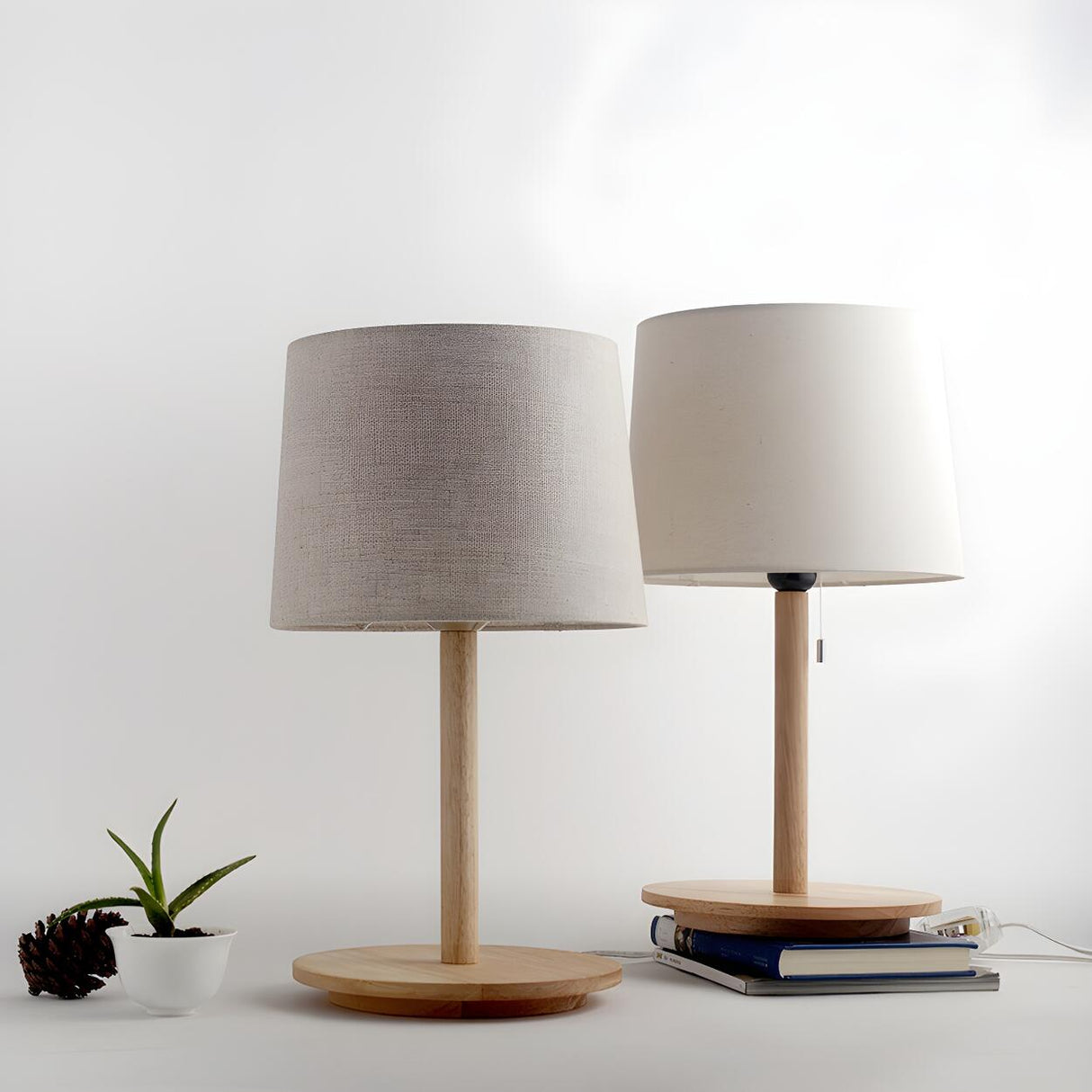 Classic Nordic Fabric Drum Shade Wooden Base Table Lamp Image - 4